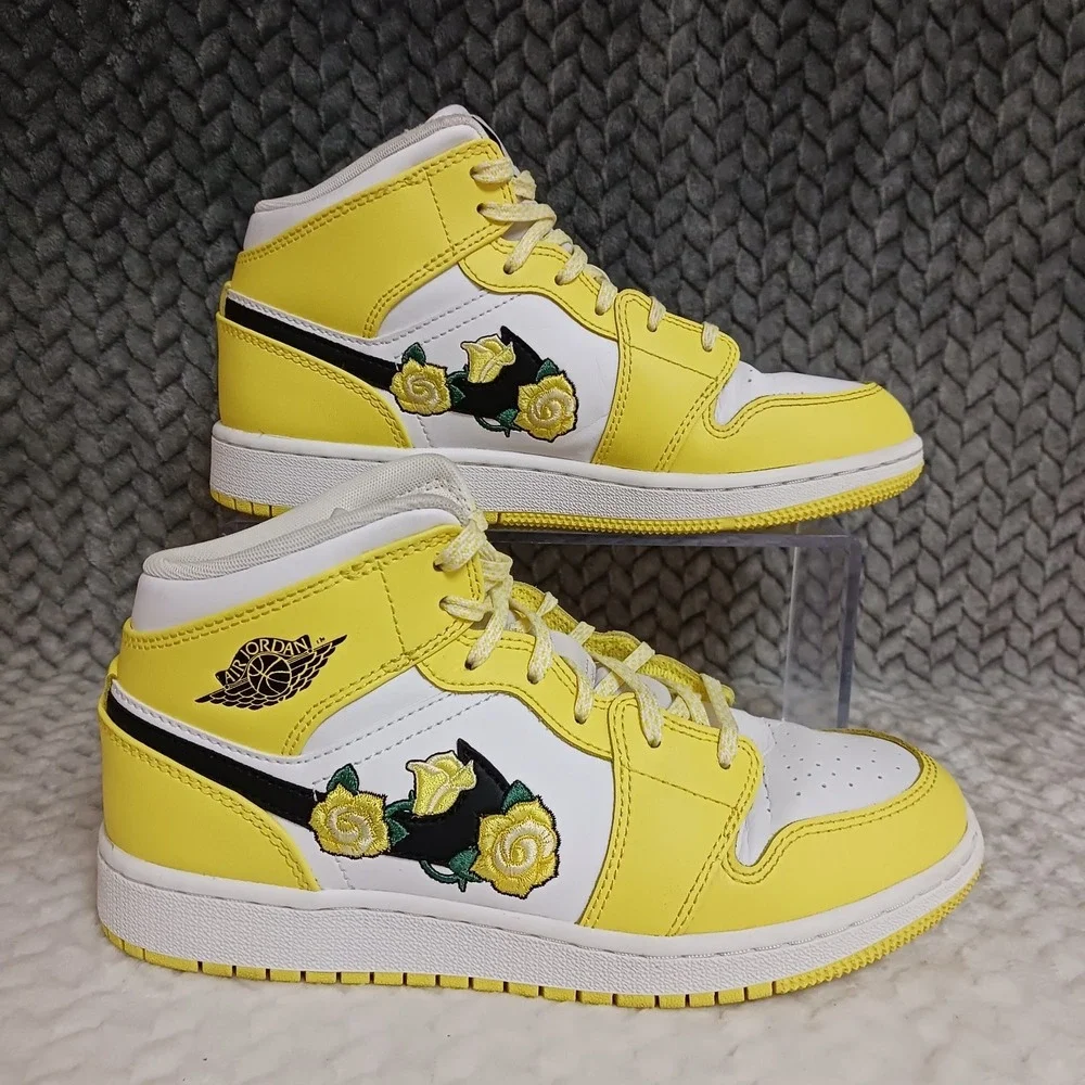 Air Jordan 1 Retro Mid SE GS Dynamic Yellow Floral Rose Patch Shoes Size 4.5Y